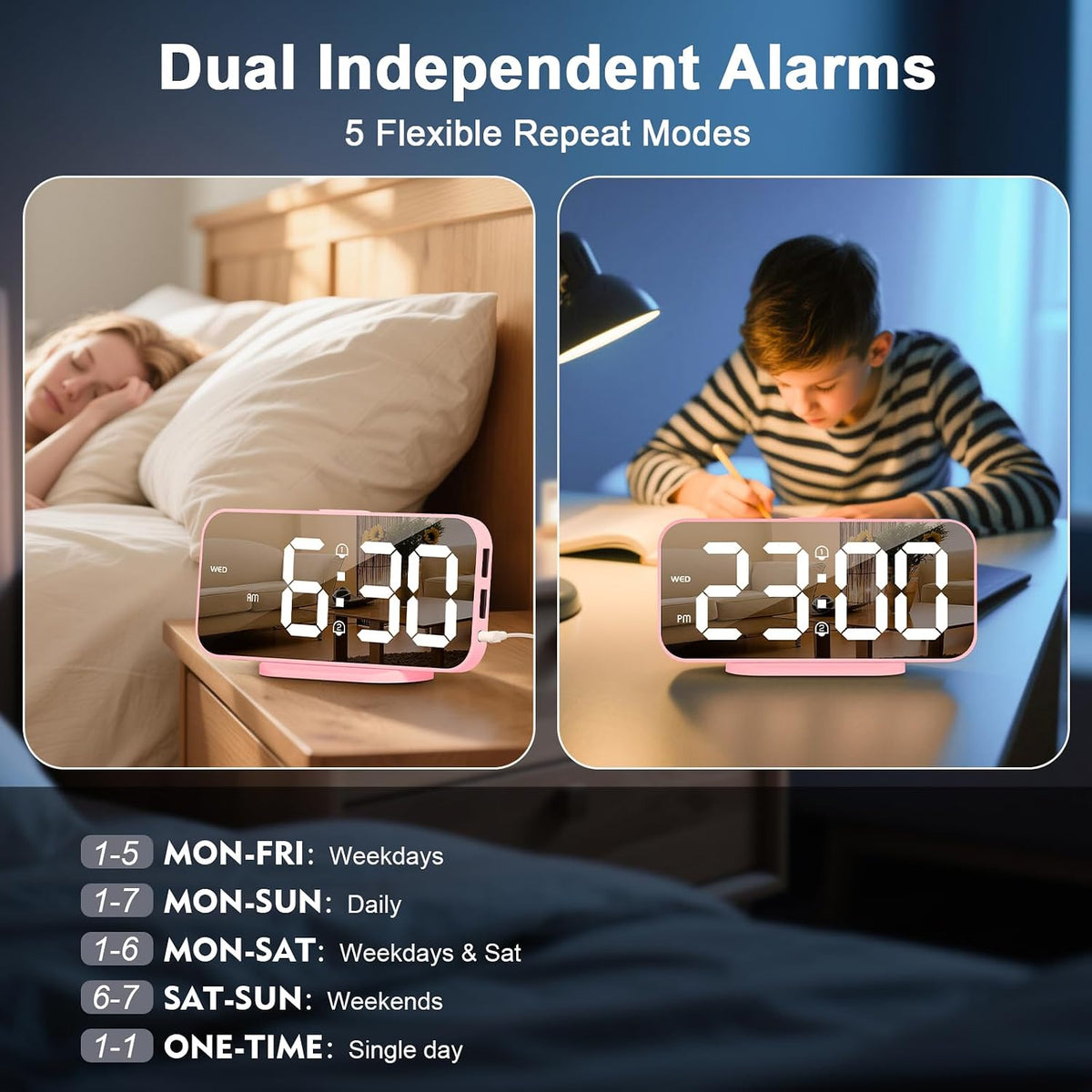 Pink Mirror Digital Alarm Clock for Girls & Teens, Dual Alarms, Snooze, Adjustable Brightness, 2 USB Ports, Weekday Display, Cute Bedside Clock for Kids, Bedroom, Desk, Dorm, Gift Idea
