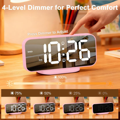Pink Mirror Digital Alarm Clock for Girls & Teens, Dual Alarms, Snooze, Adjustable Brightness, 2 USB Ports, Weekday Display, Cute Bedside Clock for Kids, Bedroom, Desk, Dorm, Gift Idea