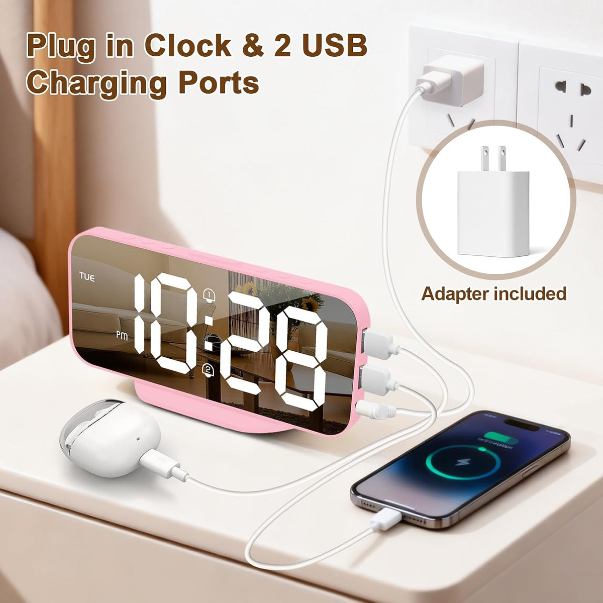 Pink Mirror Digital Alarm Clock for Girls & Teens, Dual Alarms, Snooze, Adjustable Brightness, 2 USB Ports, Weekday Display, Cute Bedside Clock for Kids, Bedroom, Desk, Dorm, Gift Idea