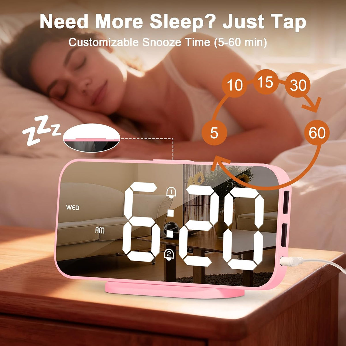 Pink Mirror Digital Alarm Clock for Girls & Teens, Dual Alarms, Snooze, Adjustable Brightness, 2 USB Ports, Weekday Display, Cute Bedside Clock for Kids, Bedroom, Desk, Dorm, Gift Idea