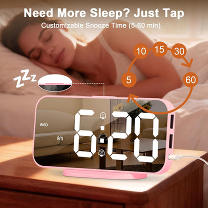 Pink Mirror Digital Alarm Clock for Girls & Teens, Dual Alarms, Snooze, Adjustable Brightness, 2 USB Ports, Weekday Display, Cute Bedside Clock for Kids, Bedroom, Desk, Dorm, Gift Idea