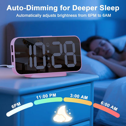 Pink Mirror Digital Alarm Clock for Girls & Teens, Dual Alarms, Snooze, Adjustable Brightness, 2 USB Ports, Weekday Display, Cute Bedside Clock for Kids, Bedroom, Desk, Dorm, Gift Idea