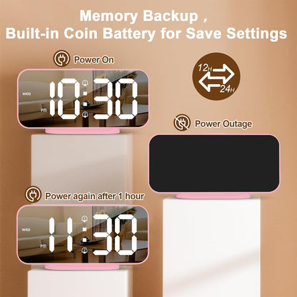 Pink Mirror Digital Alarm Clock for Girls & Teens, Dual Alarms, Snooze, Adjustable Brightness, 2 USB Ports, Weekday Display, Cute Bedside Clock for Kids, Bedroom, Desk, Dorm, Gift Idea