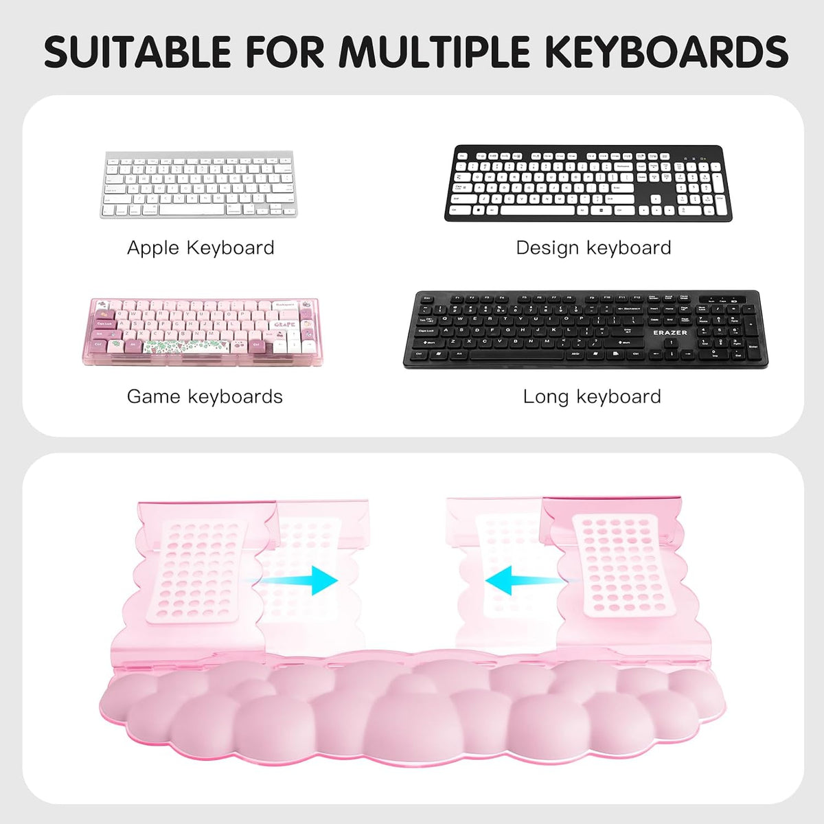 Pink Acrylic Keyboard Stand with Wrist Rest，Detachable/Adjustable Width