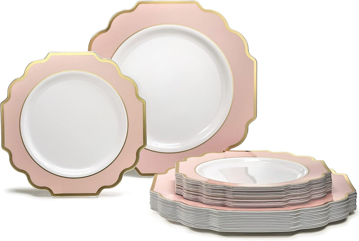 OCCASIONS Pink Plastic Plates - Fancy Scalloped Disposable 50 Pack (25 Guests) Heavy Duty Dinner & Salad/Dessert Wedding Party, Baby Shower, BPA Free, China-Like (10.5" and 8") Imperial Blush & Gold