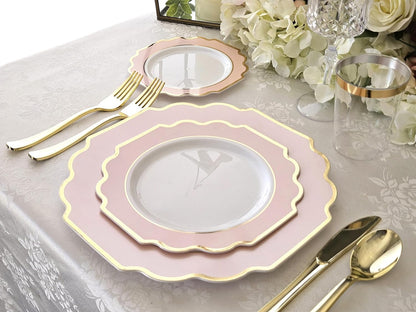 OCCASIONS Pink Plastic Plates - Fancy Scalloped Disposable 50 Pack (25 Guests) Heavy Duty Dinner & Salad/Dessert Wedding Party, Baby Shower, BPA Free, China-Like (10.5" and 8") Imperial Blush & Gold