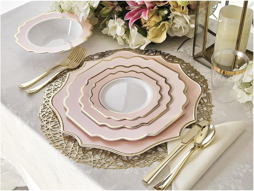 OCCASIONS Pink Plastic Plates - Fancy Scalloped Disposable 50 Pack (25 Guests) Heavy Duty Dinner & Salad/Dessert Wedding Party, Baby Shower, BPA Free, China-Like (10.5" and 8") Imperial Blush & Gold