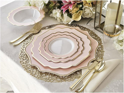 OCCASIONS Pink Plastic Plates - Fancy Scalloped Disposable 50 Pack (25 Guests) Heavy Duty Dinner & Salad/Dessert Wedding Party, Baby Shower, BPA Free, China-Like (10.5" and 8") Imperial Blush & Gold