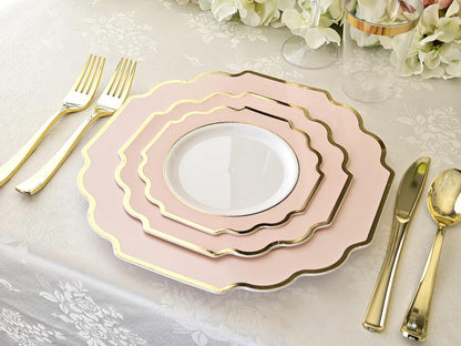 OCCASIONS Pink Plastic Plates - Fancy Scalloped Disposable 50 Pack (25 Guests) Heavy Duty Dinner & Salad/Dessert Wedding Party, Baby Shower, BPA Free, China-Like (10.5" and 8") Imperial Blush & Gold