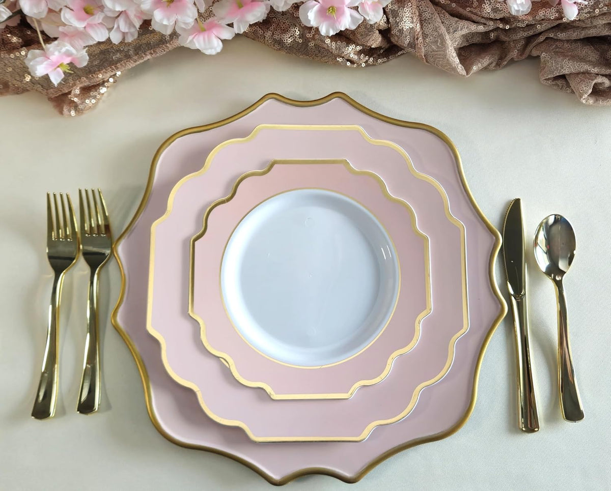 OCCASIONS Pink Plastic Plates - Fancy Scalloped Disposable 50 Pack (25 Guests) Heavy Duty Dinner & Salad/Dessert Wedding Party, Baby Shower, BPA Free, China-Like (10.5" and 8") Imperial Blush & Gold