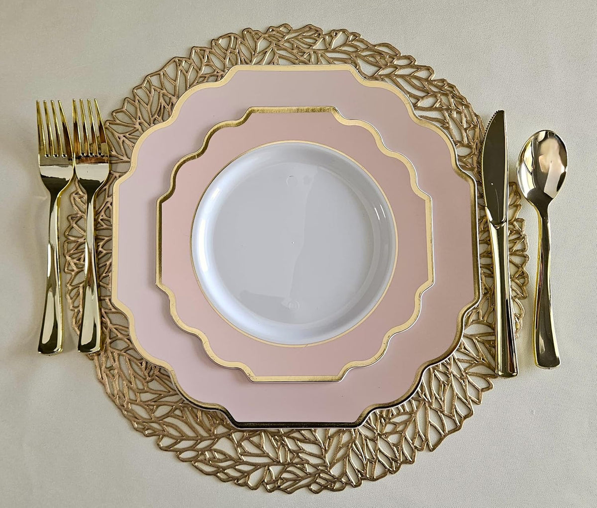 OCCASIONS Pink Plastic Plates - Fancy Scalloped Disposable 50 Pack (25 Guests) Heavy Duty Dinner & Salad/Dessert Wedding Party, Baby Shower, BPA Free, China-Like (10.5" and 8") Imperial Blush & Gold