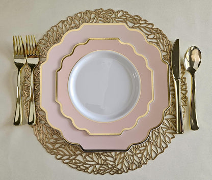 OCCASIONS Pink Plastic Plates - Fancy Scalloped Disposable 50 Pack (25 Guests) Heavy Duty Dinner & Salad/Dessert Wedding Party, Baby Shower, BPA Free, China-Like (10.5" and 8") Imperial Blush & Gold