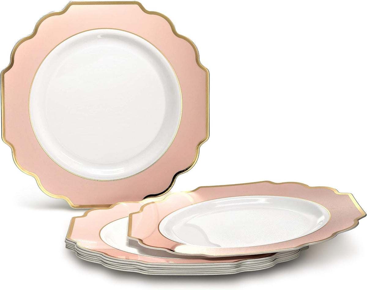 OCCASIONS Pink Plastic Plates - Fancy Scalloped Disposable 50 Pack (25 Guests) Heavy Duty Dinner & Salad/Dessert Wedding Party, Baby Shower, BPA Free, China-Like (10.5" and 8") Imperial Blush & Gold