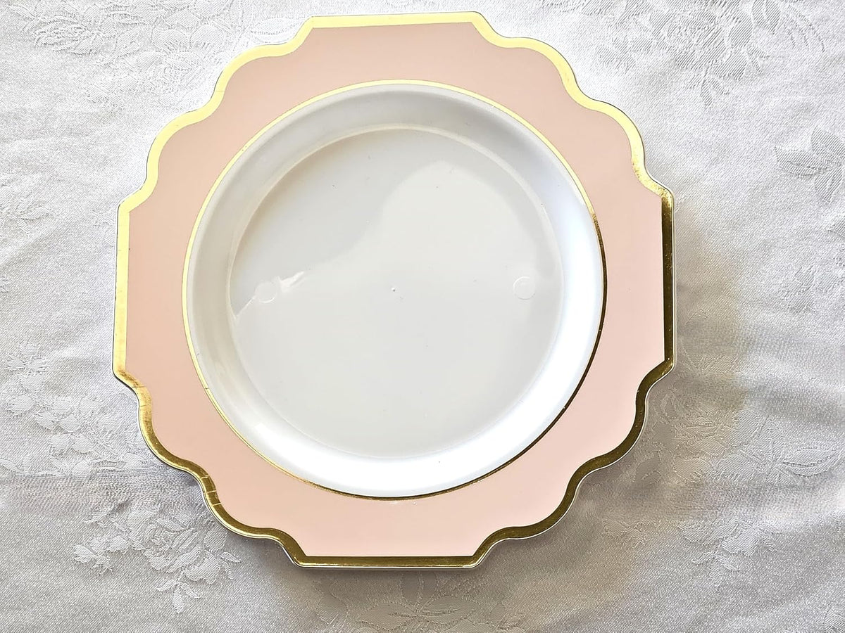 OCCASIONS Pink Plastic Plates - Fancy Scalloped Disposable 50 Pack (25 Guests) Heavy Duty Dinner & Salad/Dessert Wedding Party, Baby Shower, BPA Free, China-Like (10.5" and 8") Imperial Blush & Gold
