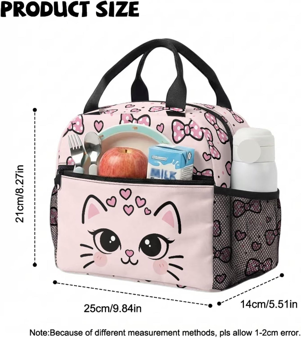 Customized Preschool School Bag For Kindergarten with Lunchbox Toddler Backpack for Girls Padded Straps and Breathable Back Panel Elementary Cat Pink Bow Heart Cute Bookbag,13 In