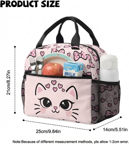 Customized Preschool School Bag For Kindergarten with Lunchbox Toddler Backpack for Girls Padded Straps and Breathable Back Panel Elementary Cat Pink Bow Heart Cute Bookbag,13 In