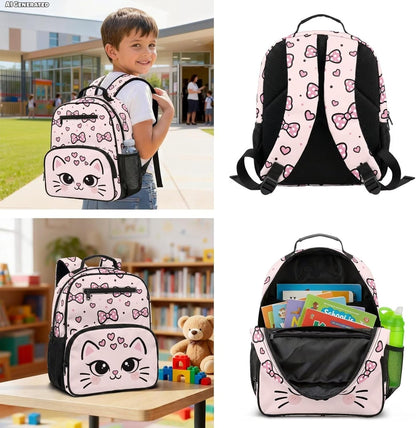 Customized Preschool School Bag For Kindergarten with Lunchbox Toddler Backpack for Girls Padded Straps and Breathable Back Panel Elementary Cat Pink Bow Heart Cute Bookbag,13 In