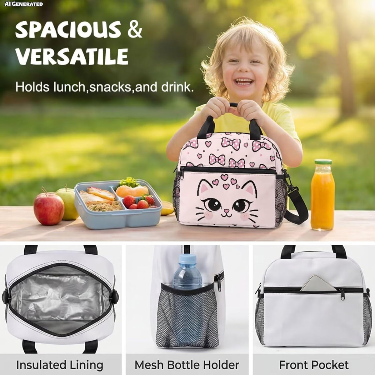 Customized Preschool School Bag For Kindergarten with Lunchbox Toddler Backpack for Girls Padded Straps and Breathable Back Panel Elementary Cat Pink Bow Heart Cute Bookbag,13 In