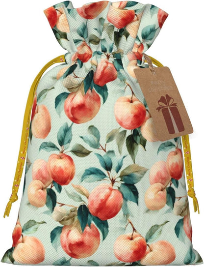 Fruits Peach (1) Print Christmas Drawstring Gift Bags, Reusable Candy Treat Bags For Holiday Birthday Party