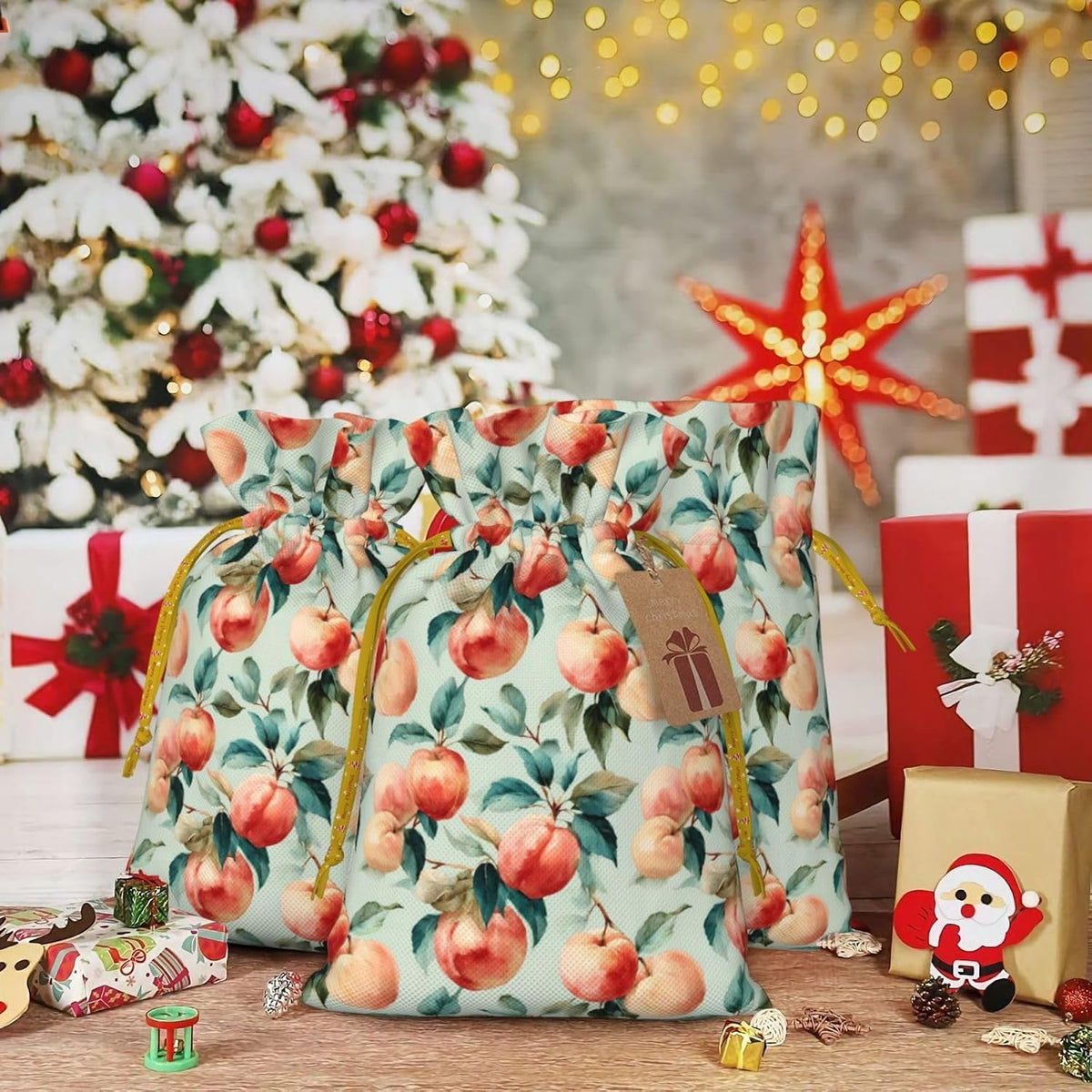 Fruits Peach (1) Print Christmas Drawstring Gift Bags, Reusable Candy Treat Bags For Holiday Birthday Party
