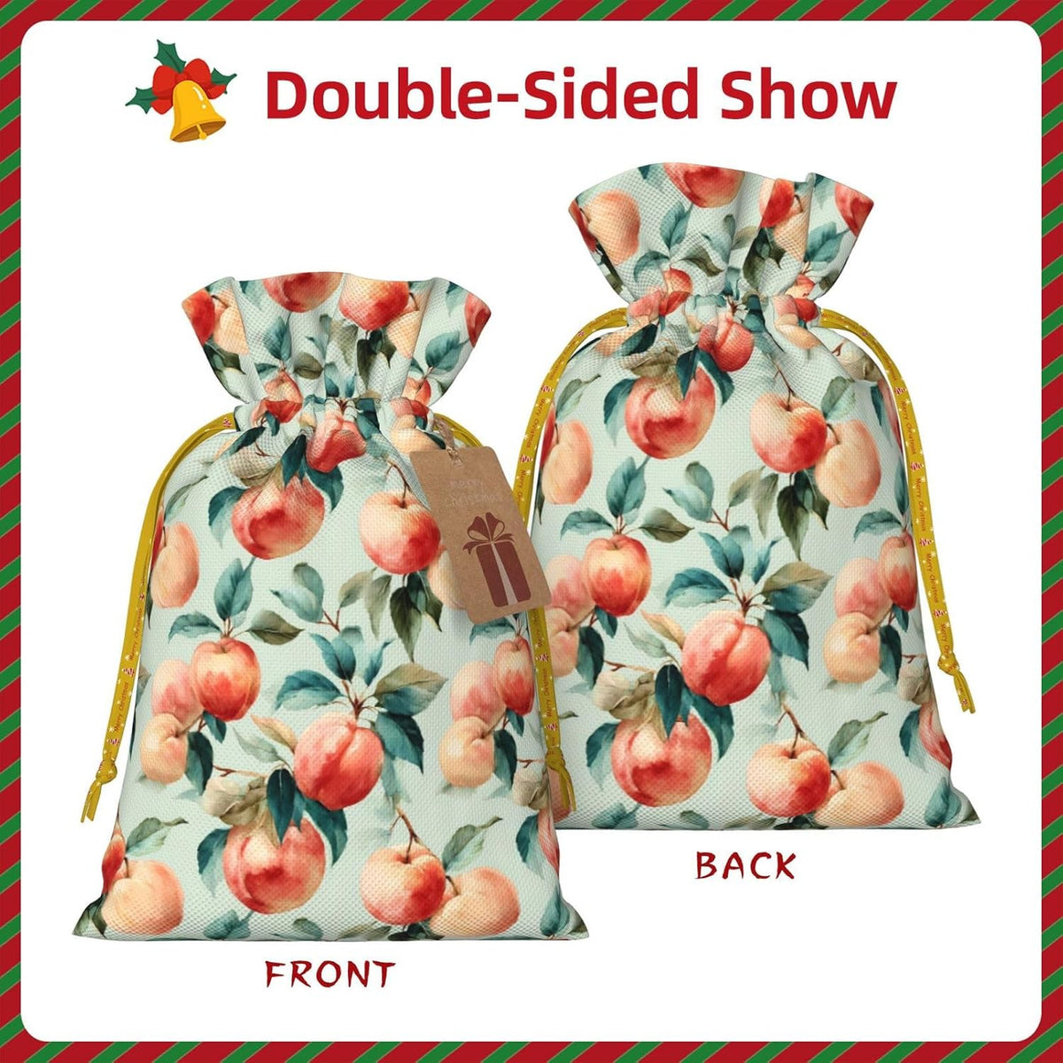 Fruits Peach (1) Print Christmas Drawstring Gift Bags, Reusable Candy Treat Bags For Holiday Birthday Party