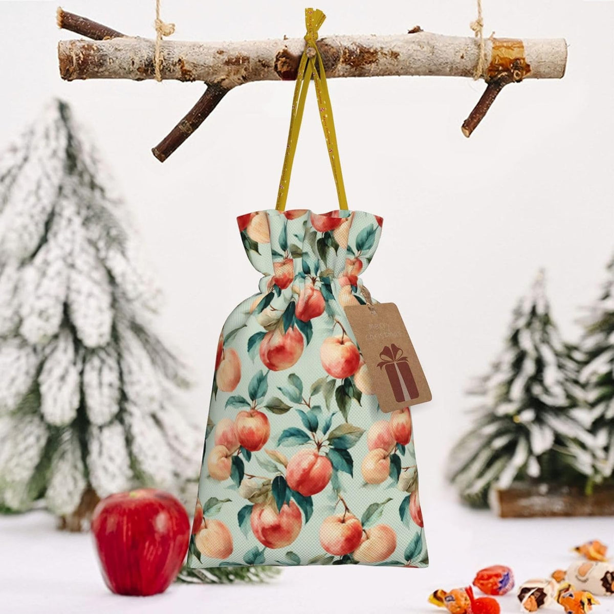 Fruits Peach (1) Print Christmas Drawstring Gift Bags, Reusable Candy Treat Bags For Holiday Birthday Party