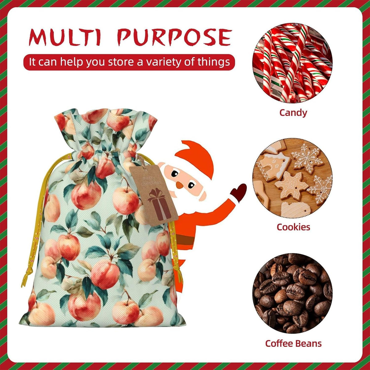 Fruits Peach (1) Print Christmas Drawstring Gift Bags, Reusable Candy Treat Bags For Holiday Birthday Party