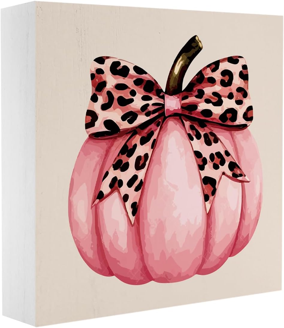 Cute Fall Thanksgiving Decor Preppy Pink Pumpkin Fall Decorations Pink Leopard Bow Autumn Decor for Home Office Autumn Decorations for Desk Table 5 x 5 inches