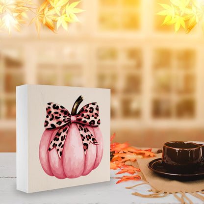 Cute Fall Thanksgiving Decor Preppy Pink Pumpkin Fall Decorations Pink Leopard Bow Autumn Decor for Home Office Autumn Decorations for Desk Table 5 x 5 inches