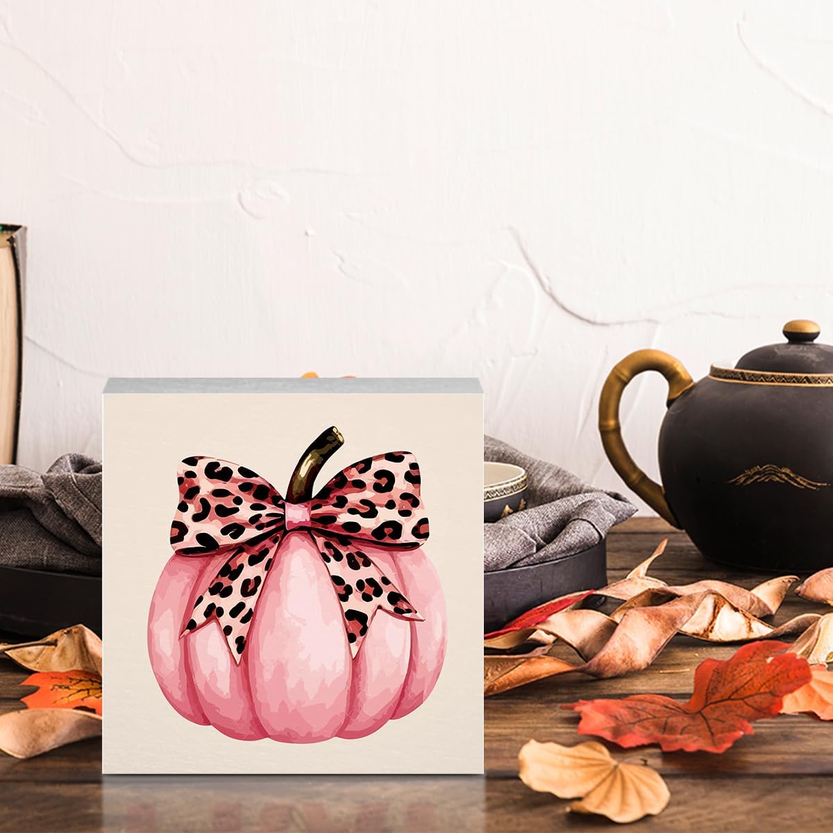Cute Fall Thanksgiving Decor Preppy Pink Pumpkin Fall Decorations Pink Leopard Bow Autumn Decor for Home Office Autumn Decorations for Desk Table 5 x 5 inches