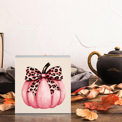 Cute Fall Thanksgiving Decor Preppy Pink Pumpkin Fall Decorations Pink Leopard Bow Autumn Decor for Home Office Autumn Decorations for Desk Table 5 x 5 inches