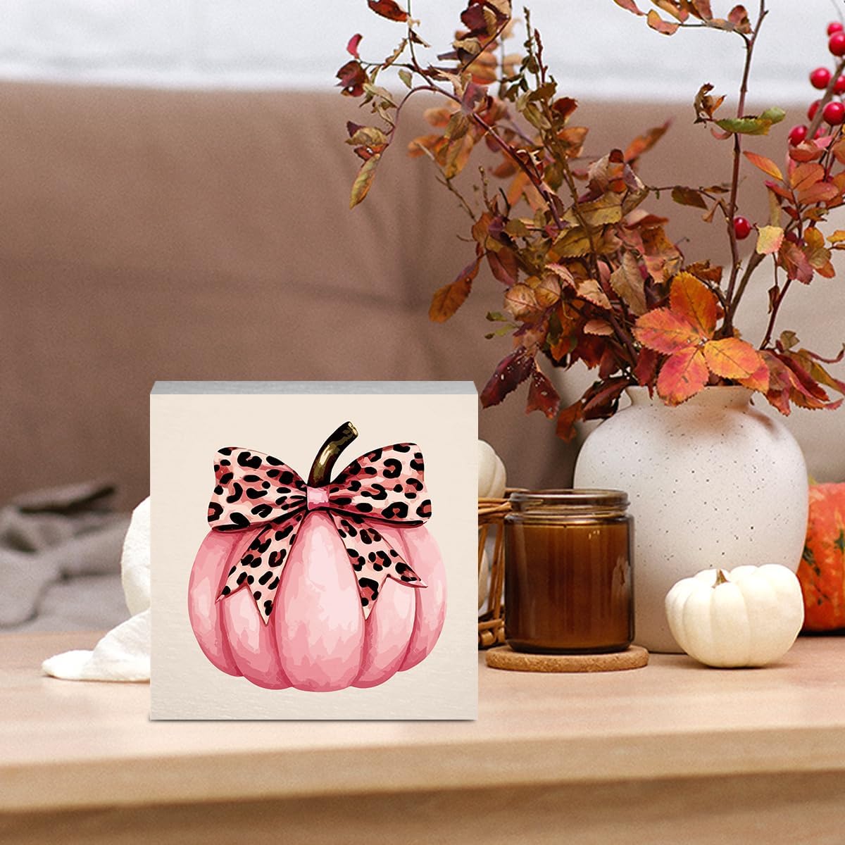 Cute Fall Thanksgiving Decor Preppy Pink Pumpkin Fall Decorations Pink Leopard Bow Autumn Decor for Home Office Autumn Decorations for Desk Table 5 x 5 inches