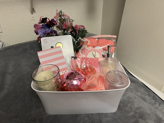 Spa Gift Basket for Women, Pink Self-Care Set with Candle, Loofah, Soap Dispenser, Notepad, Bag Charm, and Hair Accessories