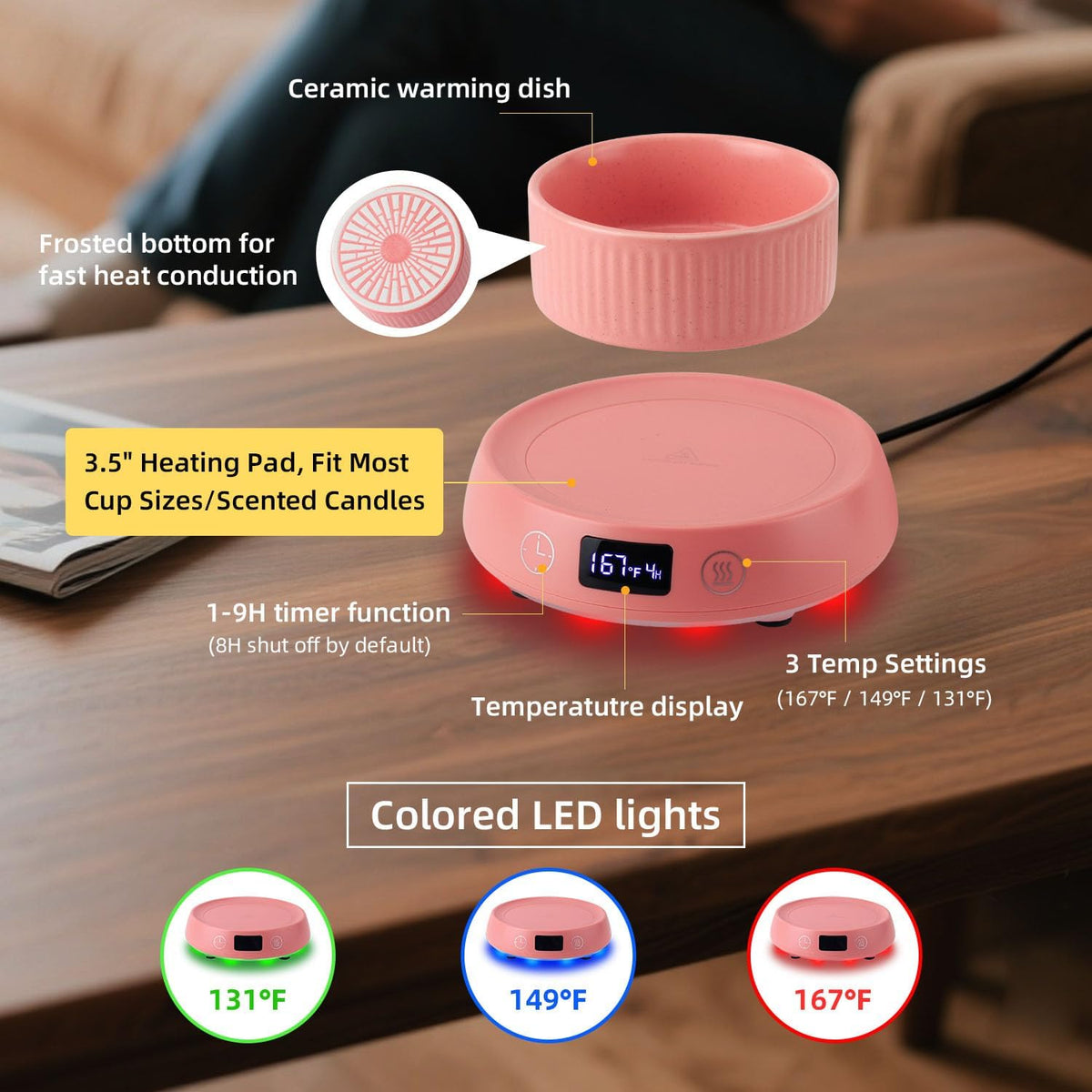 Mug Warmer for Desk, Timer Candle Warmer Lamp Scented Wax Melt Melter, Pink