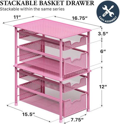 Stackable 2 Tier Sliding Basket Organizer Drawer, Pink