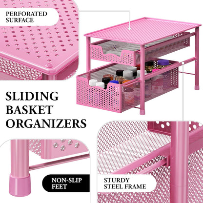 Stackable 2 Tier Sliding Basket Organizer Drawer, Pink