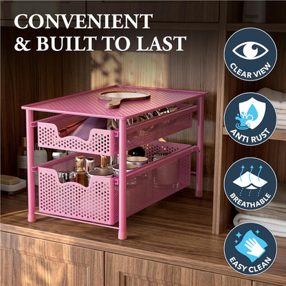 Stackable 2 Tier Sliding Basket Organizer Drawer, Pink