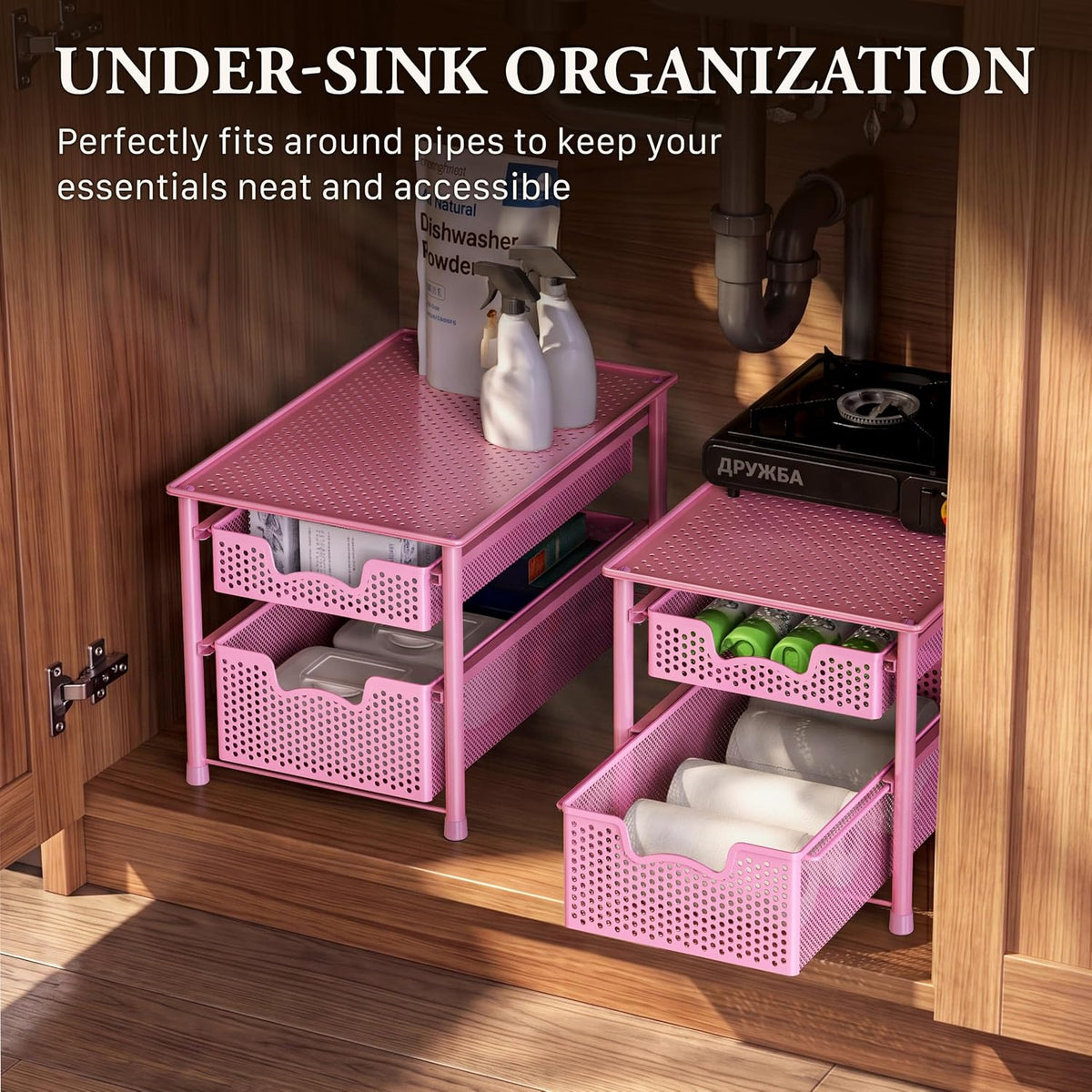 Stackable 2 Tier Sliding Basket Organizer Drawer, Pink