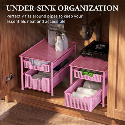 Stackable 2 Tier Sliding Basket Organizer Drawer, Pink