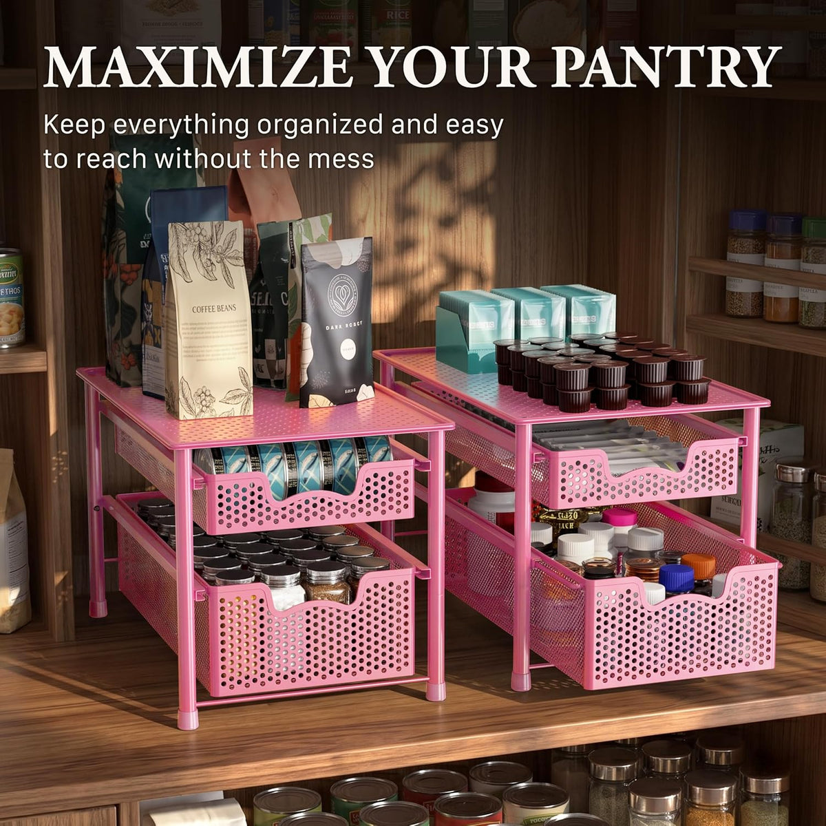 Stackable 2 Tier Sliding Basket Organizer Drawer, Pink