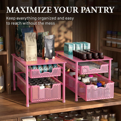 Stackable 2 Tier Sliding Basket Organizer Drawer, Pink