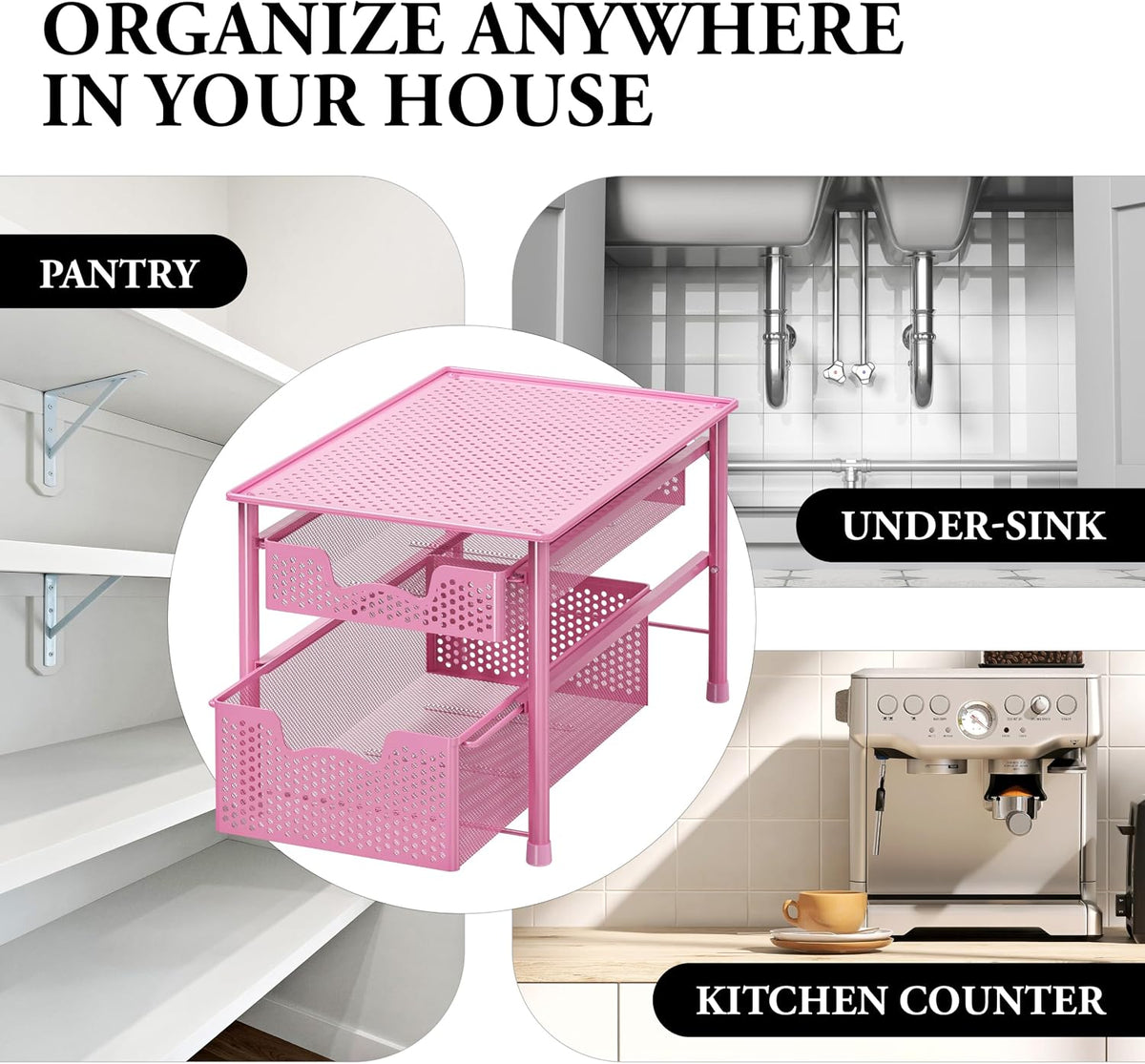 Stackable 2 Tier Sliding Basket Organizer Drawer, Pink