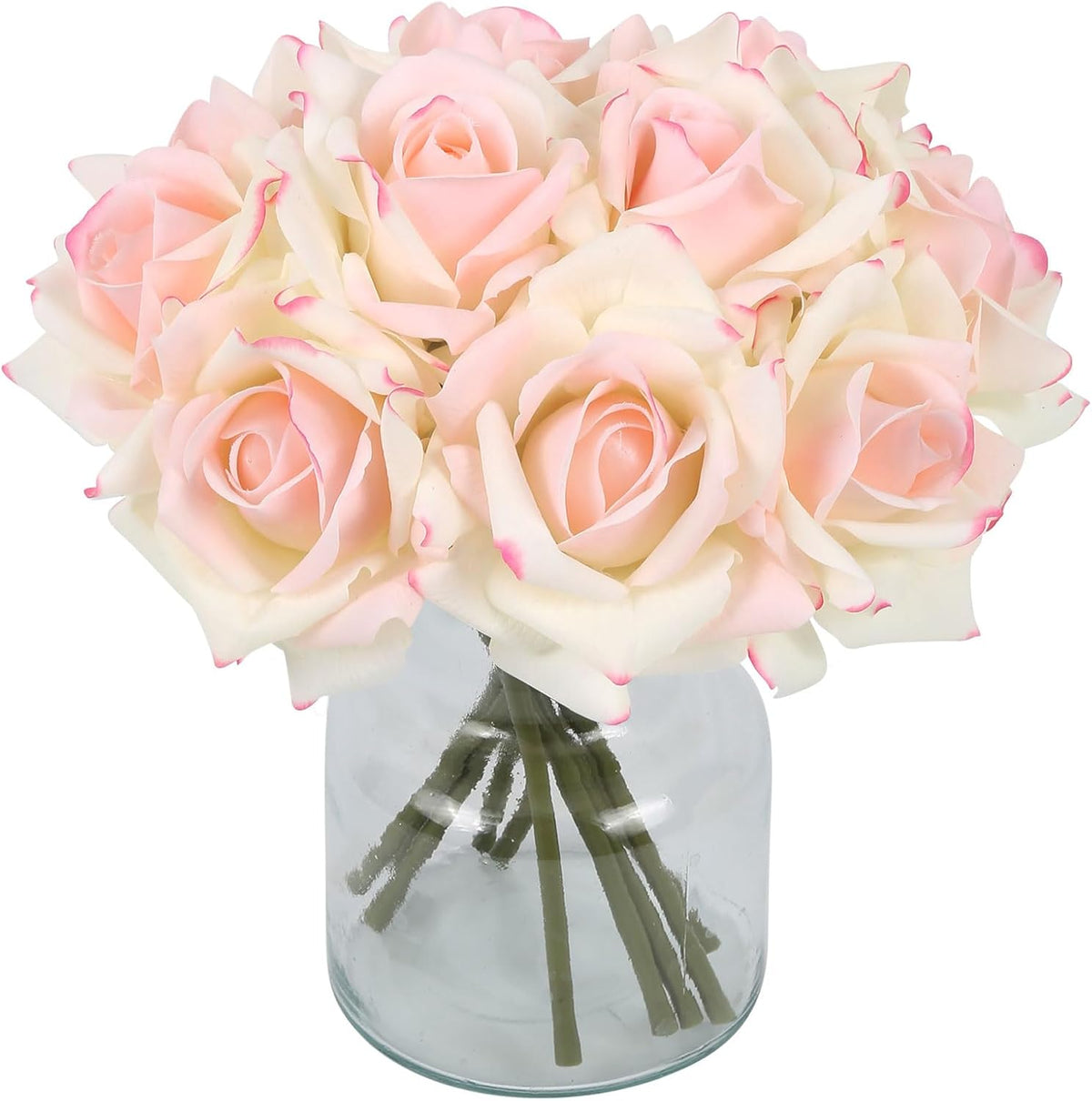Fake Roses,2 Bouquets 10PCS Real Touch Roses Artificial Flowers Faux Roses with Stems for Wedding Party Home Table Centerpieces Decoration(Pink Edge)