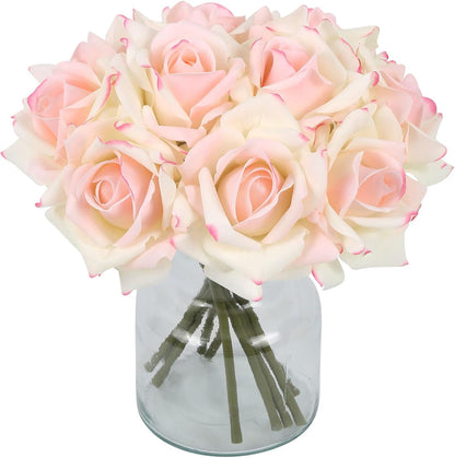 Fake Roses,2 Bouquets 10PCS Real Touch Roses Artificial Flowers Faux Roses with Stems for Wedding Party Home Table Centerpieces Decoration(Pink Edge)