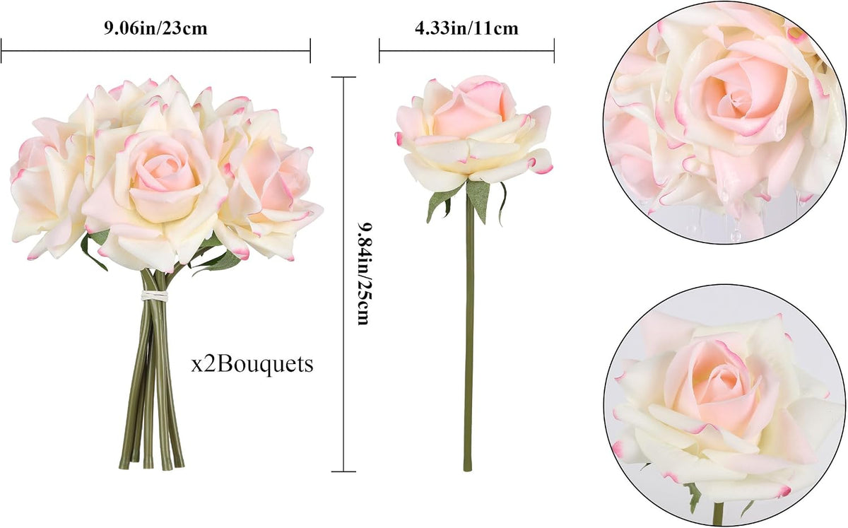 Fake Roses,2 Bouquets 10PCS Real Touch Roses Artificial Flowers Faux Roses with Stems for Wedding Party Home Table Centerpieces Decoration(Pink Edge)