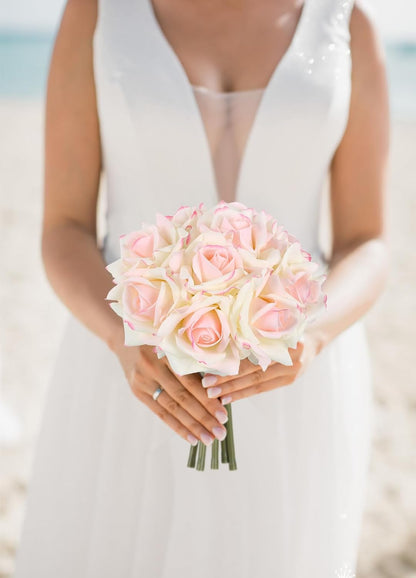 Fake Roses,2 Bouquets 10PCS Real Touch Roses Artificial Flowers Faux Roses with Stems for Wedding Party Home Table Centerpieces Decoration(Pink Edge)