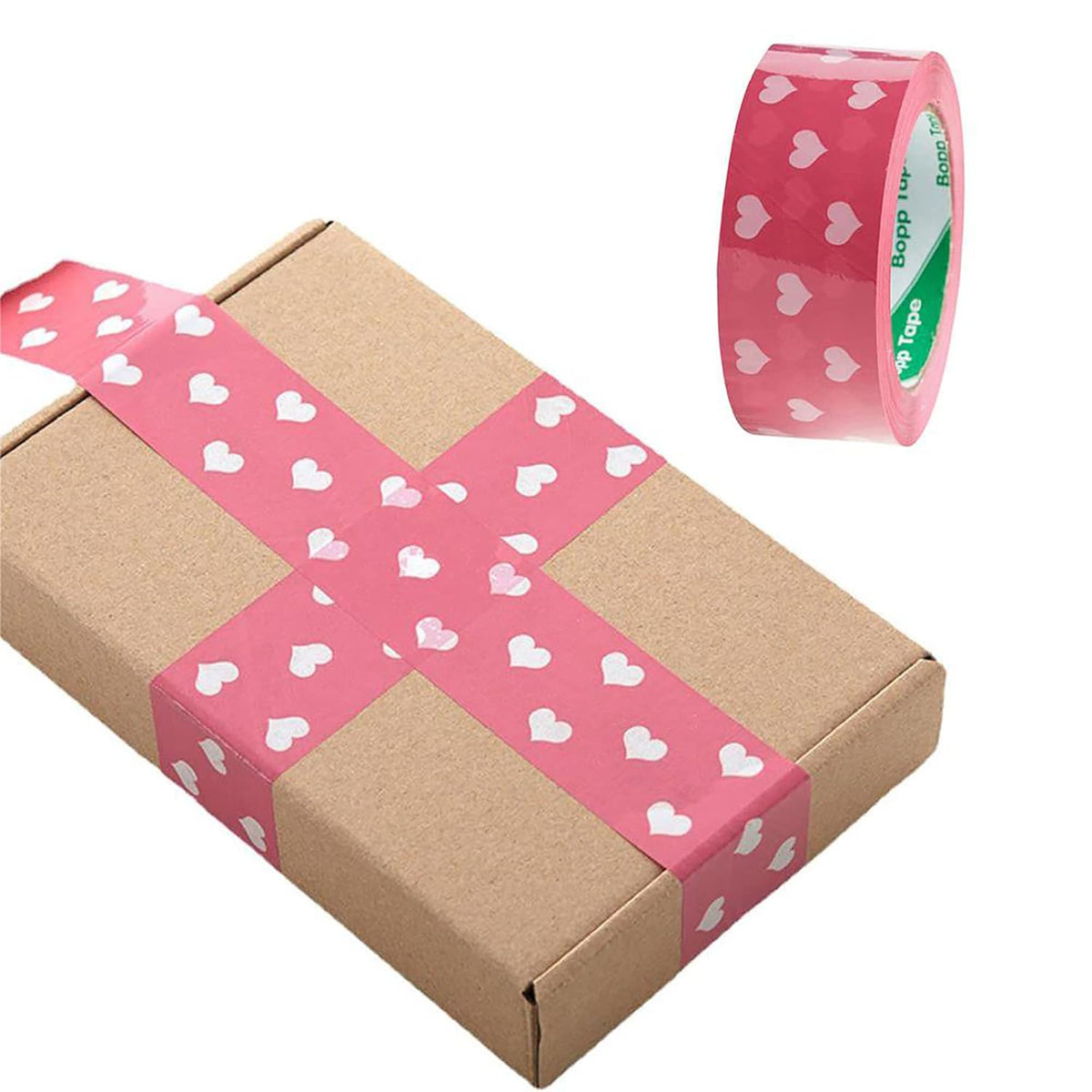 1.77" x 110 Yards Cute Heart Tape Decorative Shipping Packing Tape,1Roll(White Heart on Pink Background)