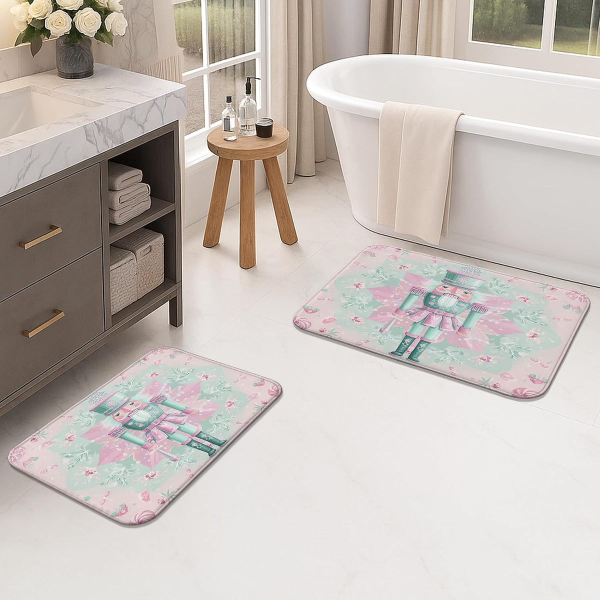 Pastel Floral Quick Dry Bath Mat, Elegant Peach Roses Leaf Absorbent Non Slip Shower Mat, Spring Decorative Flannel Washable Bath Rugs for Bathroom Toilet Restroom 16x24 Inch