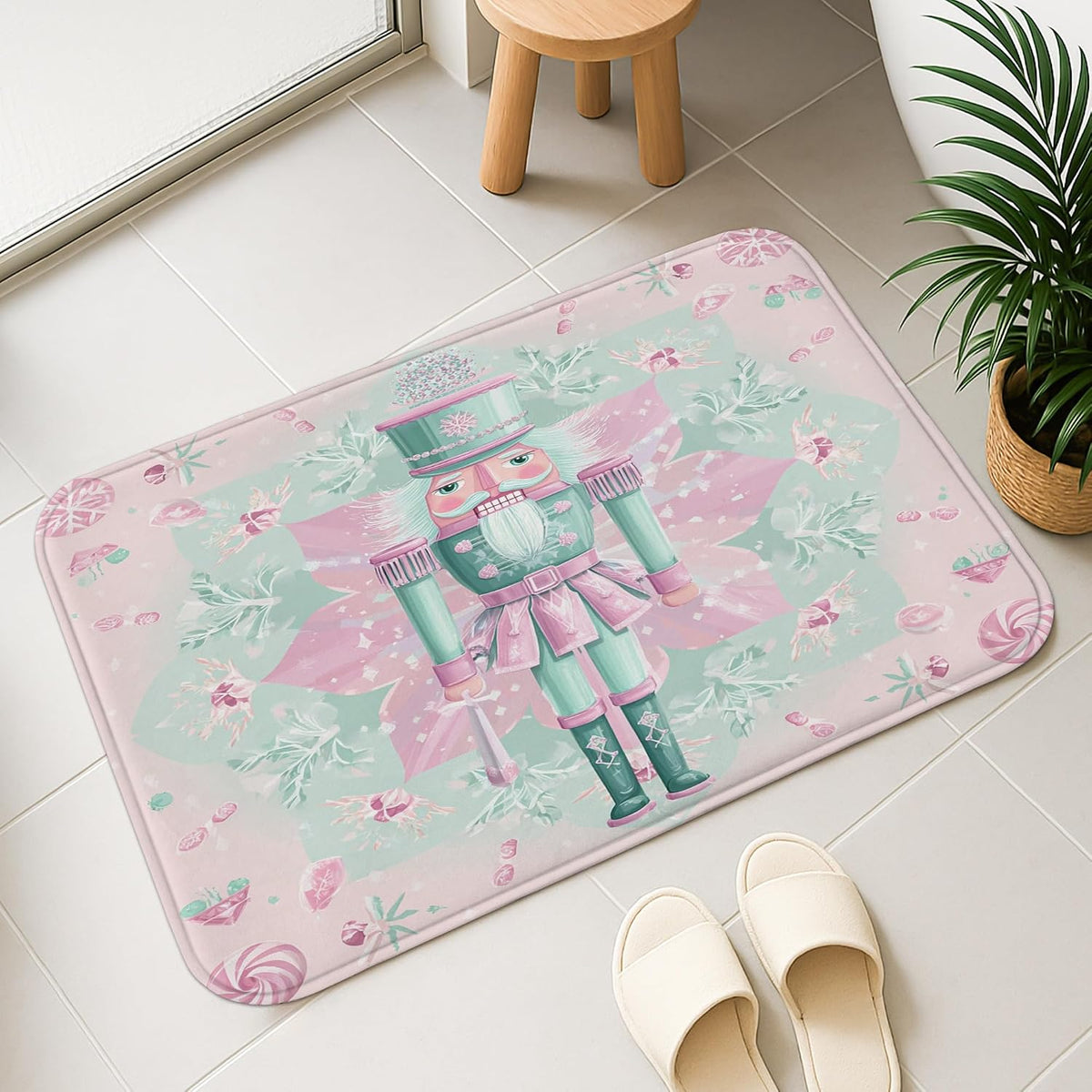 Pastel Floral Quick Dry Bath Mat, Elegant Peach Roses Leaf Absorbent Non Slip Shower Mat, Spring Decorative Flannel Washable Bath Rugs for Bathroom Toilet Restroom 16x24 Inch
