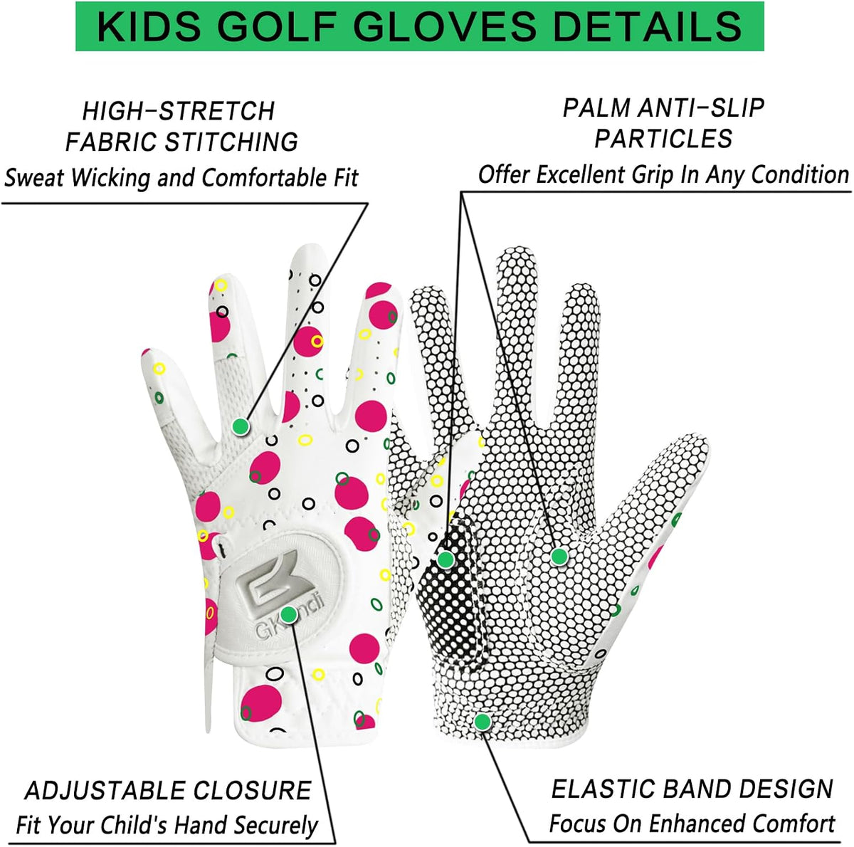 Kids Golf Glove Left Hand Right Handed Golfer 1 or 2 Pack, Breathable Grip Soft Comfort Elastic Fabric Golf Gloves for Boys Girls Youth Age 3-13